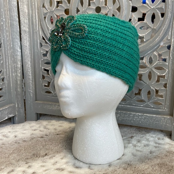 NWT! Green knit headband OS bling beaded rhinestones romantic quiet luxury fall - Picture 10 of 10